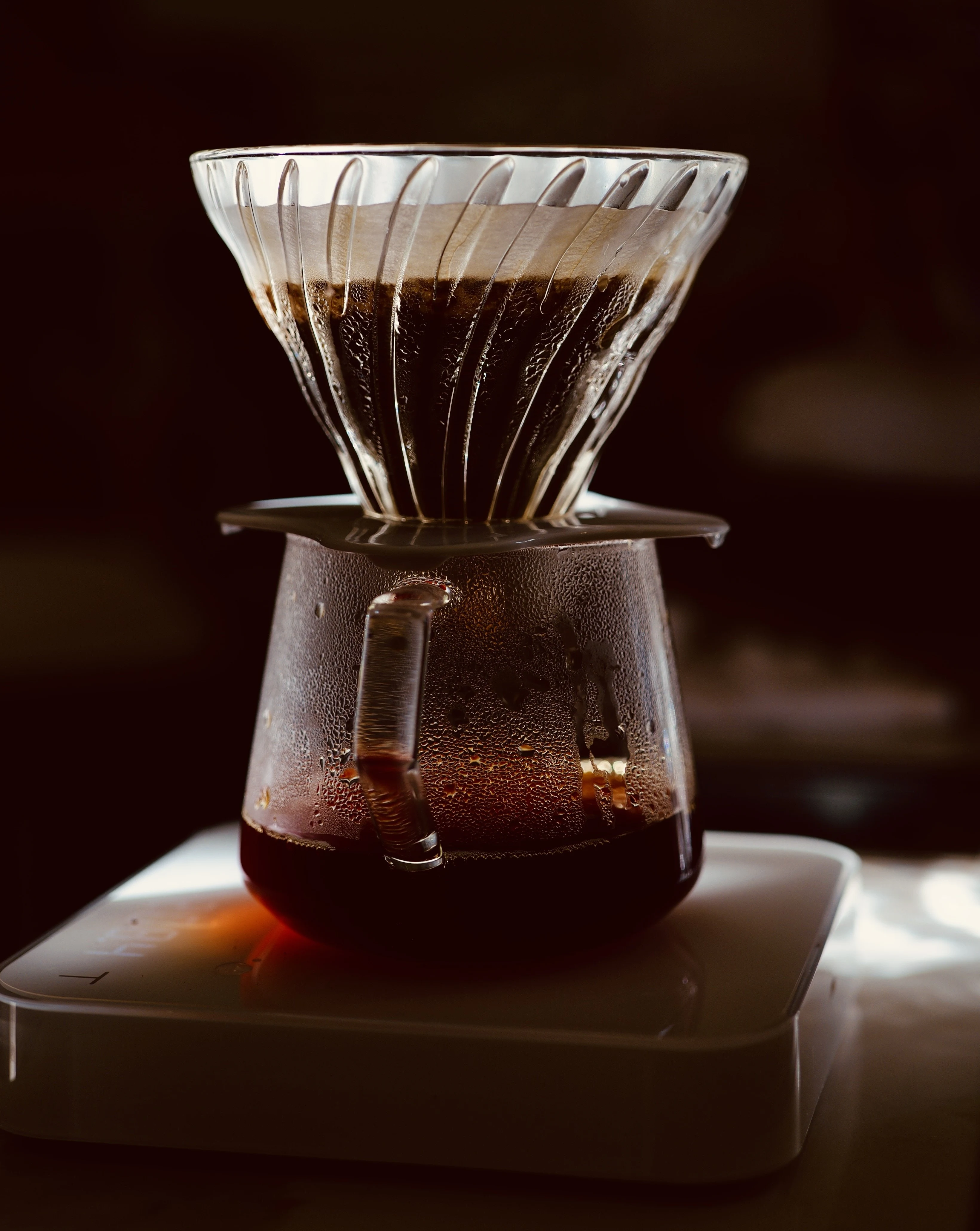 Hand-brewed coffee in a glass dripper at SUNNY M Cafe